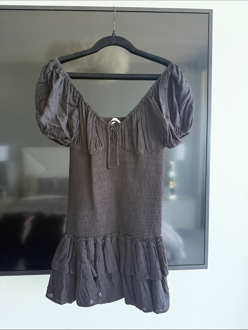 Smocked Mini Dress with Puff Sleeves in Black